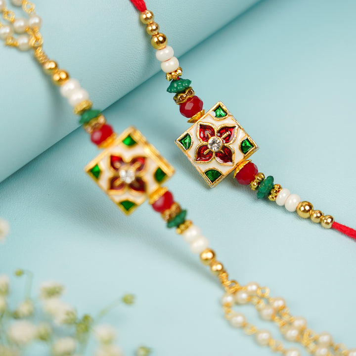 Handmade Square Jadtar And Pearl Bhaiya Bhabhi Rakhi With Roli Chawal Set Of 2 - Detailed ornament close-up angle