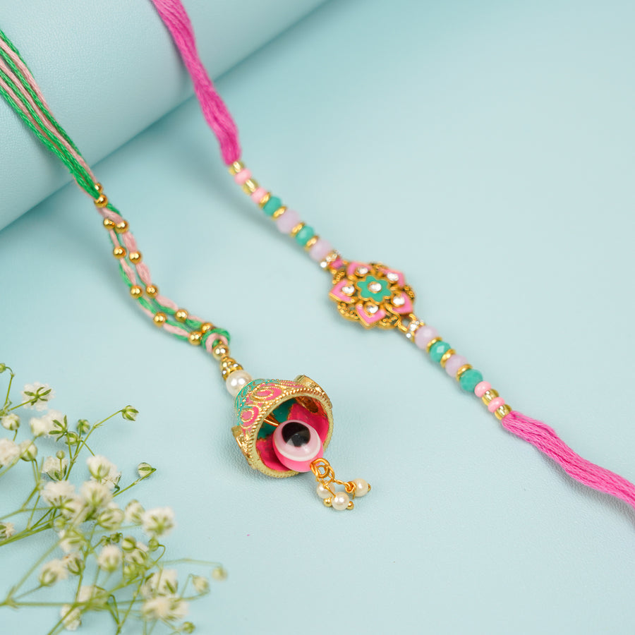 Handmade Beaded Pink And Green Bhaiya Bhabhi Rakhi With Roli Chawal Set Of 2 - Pair Front View with Decoration