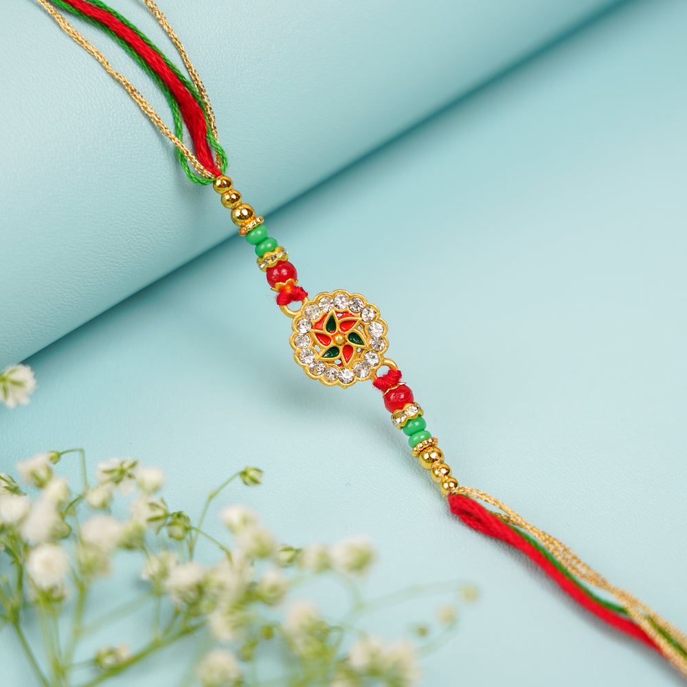 Handmade Red And Green Bhaiya Bhabhi Rakhi With Roli Chawal Set Of 2 - Single Rakhi Detailed View