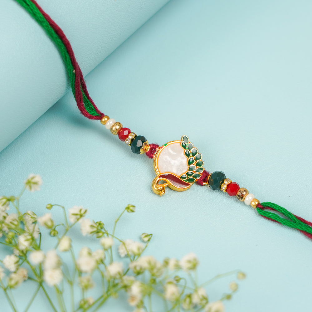 Handmade Beaded Peacock Bhaiya Bhabhi Rakhi With Roli Chawal Set Of 2 - Single Bracelet with Floral Accent