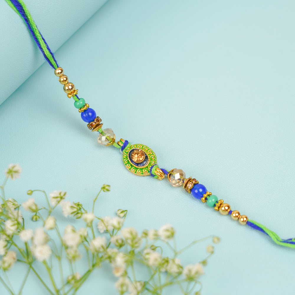 Handmade Beaded Green And Blue Bhaiya Bhabhi Rakhi With Roli Chawal Set Of 2 - Single Rakhi Close-up