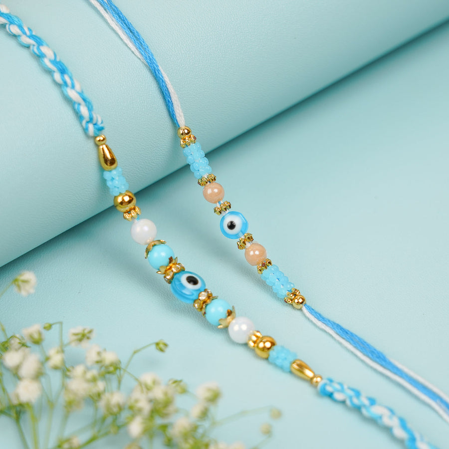 Handmade Beaded Evil Eye Bhaiya Bhabhi Rakhi With Roli Chawal Set Of 2 1 - Pair of Bracelets Display