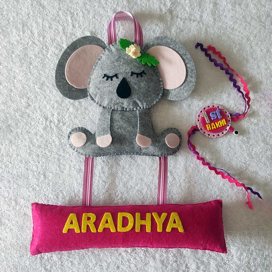 Personalized Handmade Koala Theme Felt Kids Rakhi Name Plate Combo For Newborns Set Of 2 - Koala Name Wall Hanging Front View