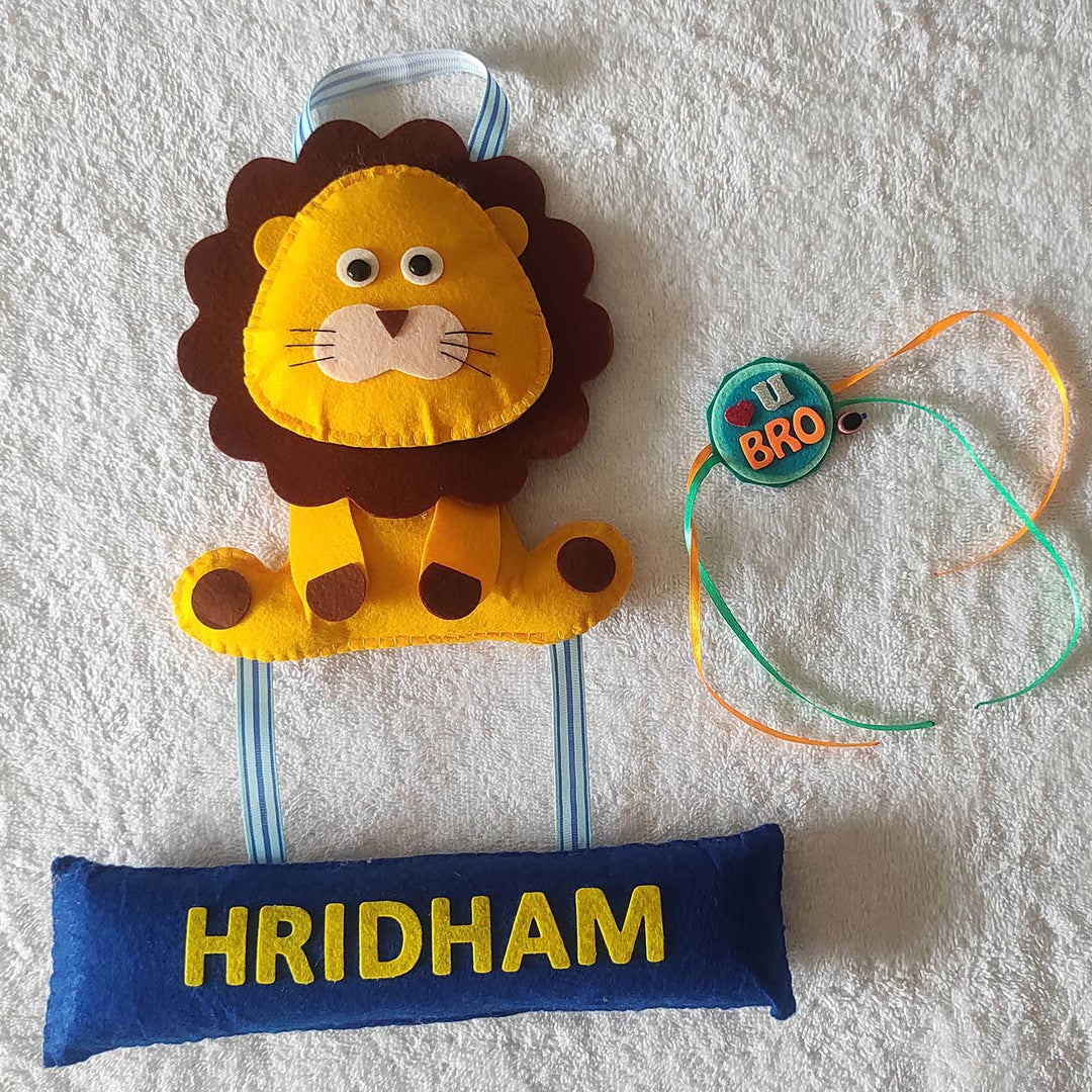 Personalized Handmade Lion Theme Felt Kids Rakhi Name Plate Combo For Brother Set Of 2 - Name Personalization Example