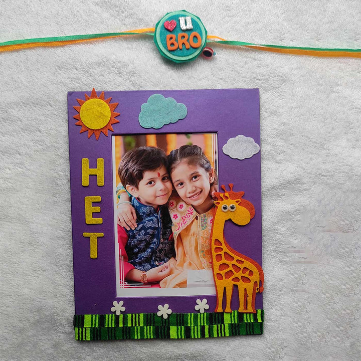 Personalized Handmade Girraffe Theme Felt Kids Rakhi And Photo Frame Combo For Kids Set Of 2 - Personalized Photo Frame Front View