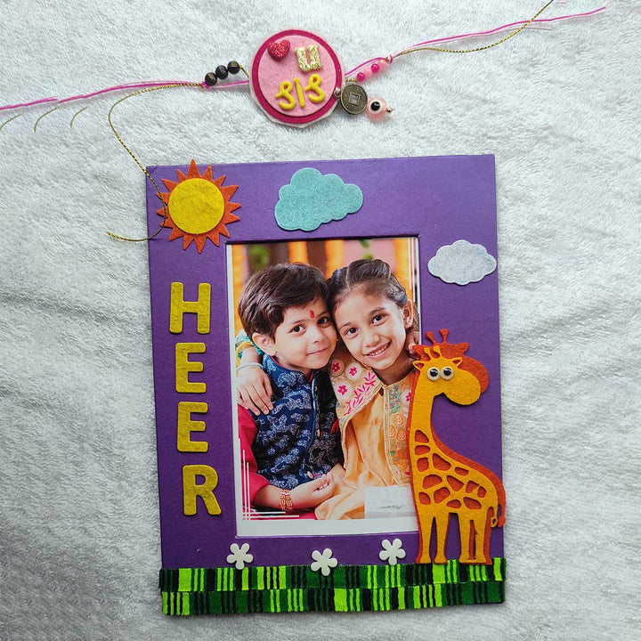 Personalized Handmade Girraffe Theme Felt Kids Rakhi And Photo Frame Combo For Kids Set Of 2 - Photo Frame with Rakhi Set Display