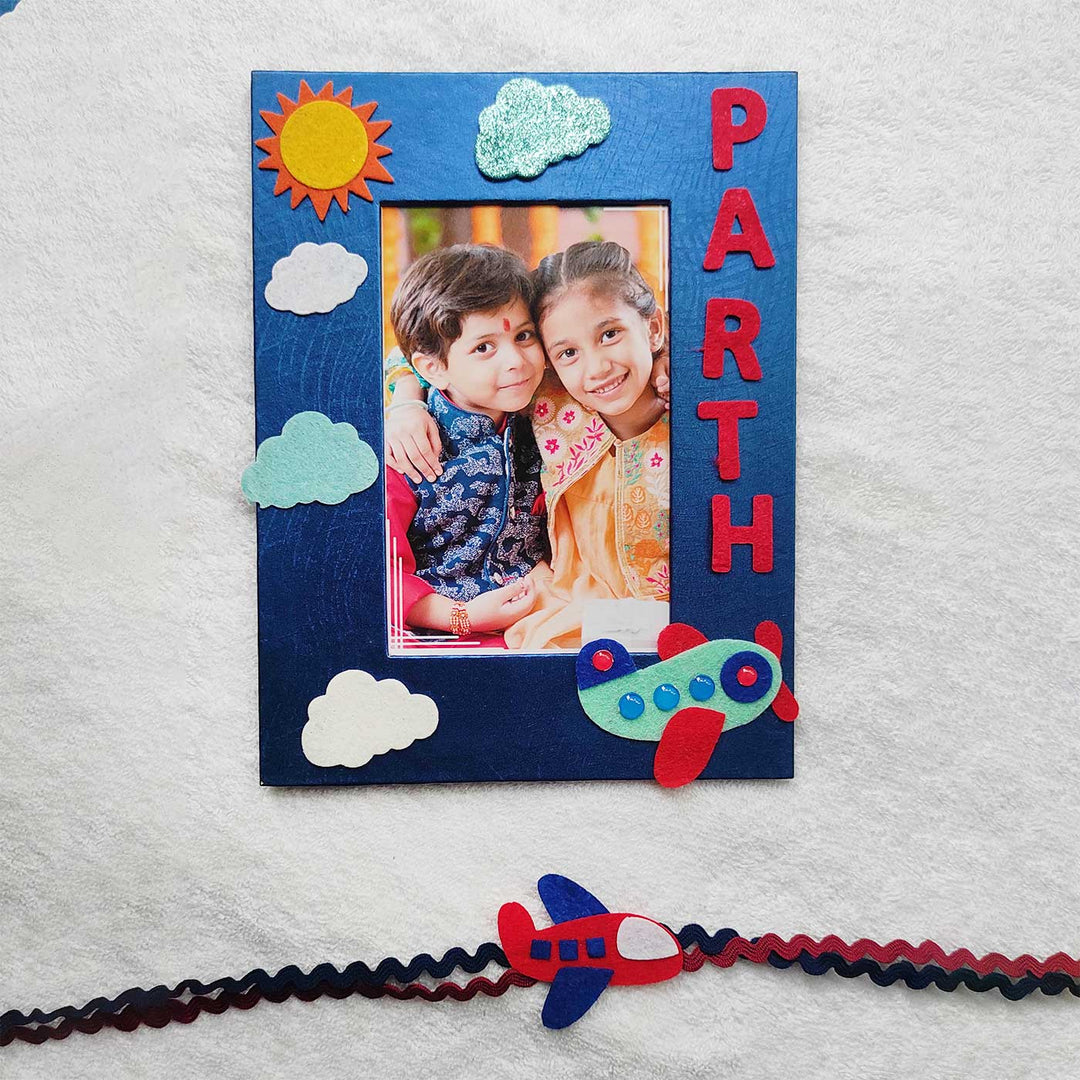 Personalized Handmade Aeroplane Theme Felt Kids Rakhi And Photo Frame Combo For Kids Set Of 2 - Photo Frame with Name Personalization