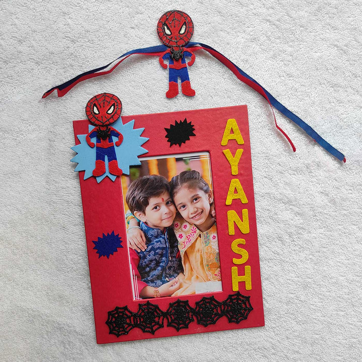Personalized Handmade Spiderman Theme Felt Kids Rakhi And Photo Frame Combo For Brother Set Of 2 - Front View with Personalized Name