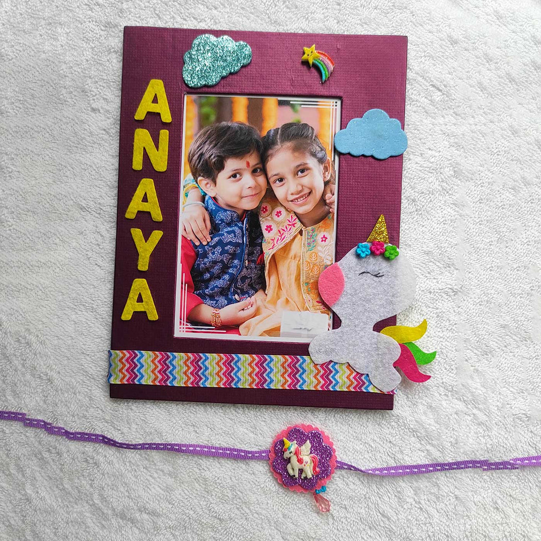 Personalized Handmade Unicorn Theme Felt Kids Rakhi And Photo Frame Combo For Sisters Set Of 2 - Photo Frame Front View