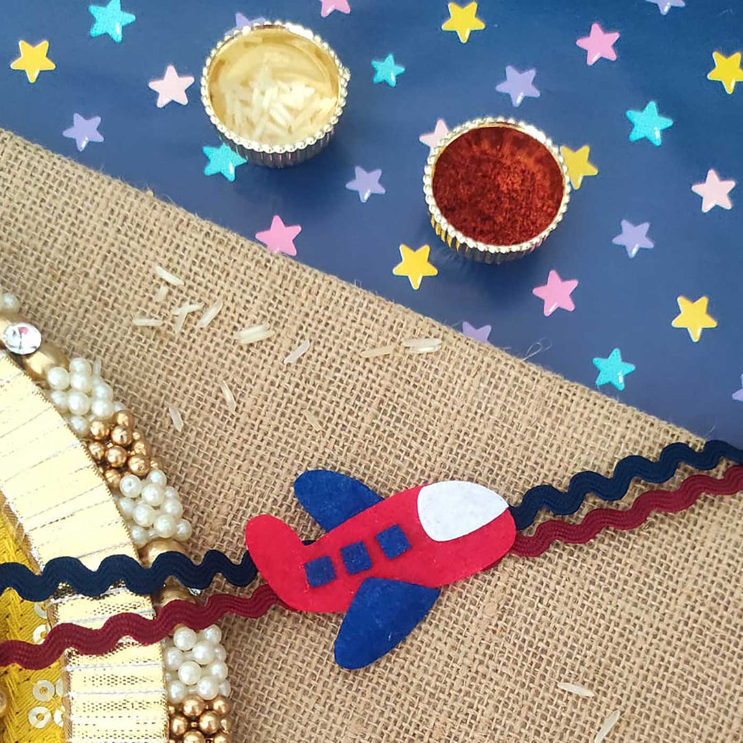 Personalized Handmade Aeroplane Theme Felt Kids Rakhi And Photo Frame Combo For Kids Set Of 2 - Close-up of Rakhi with Plane Design