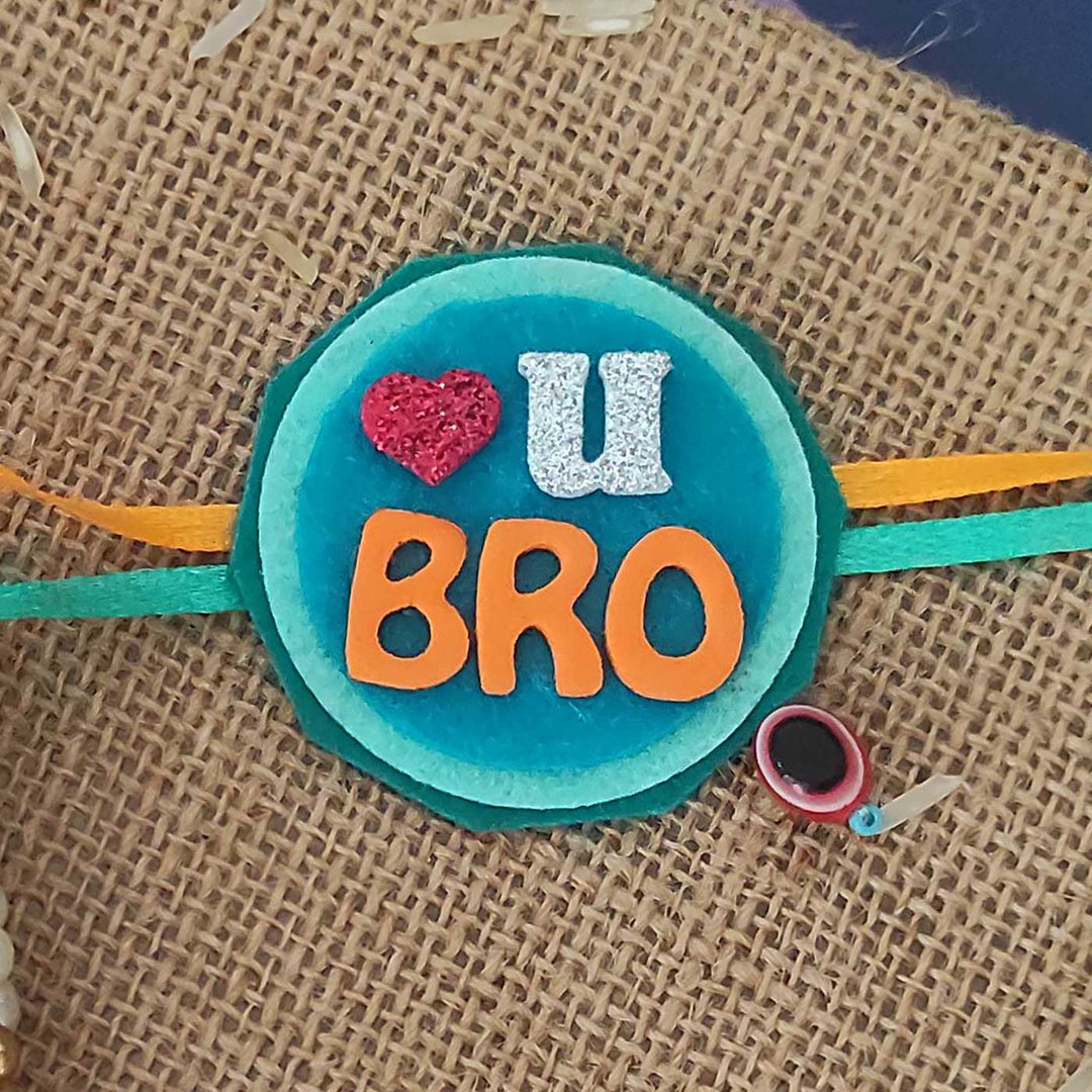 Personalized Handmade Girraffe Theme Felt Kids Rakhi And Photo Frame Combo For Kids Set Of 2 - Close-up of "Love U Bro" Rakhi