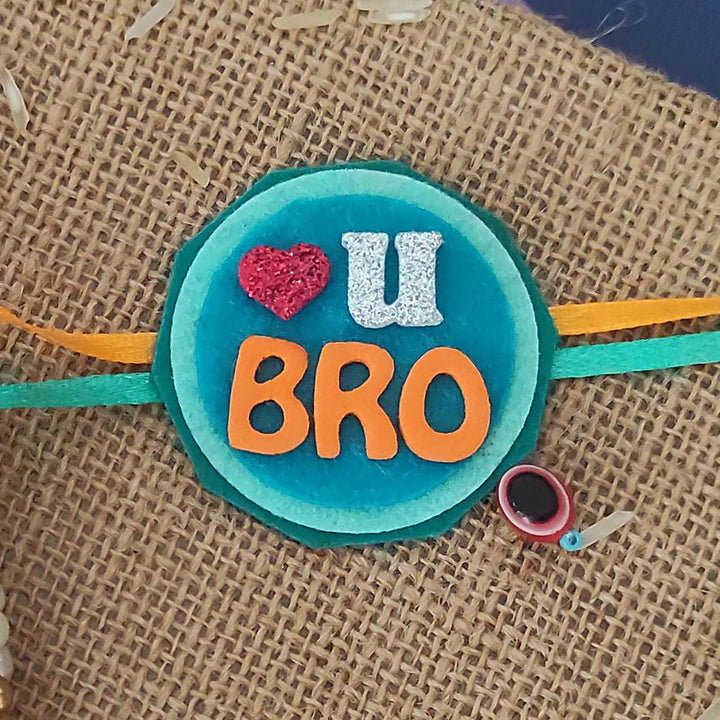 Personalized Handmade Girraffe Theme Felt Kids Rakhi And Photo Frame Combo For Kids Set Of 2 - Close-up of "Love U Bro" Rakhi
