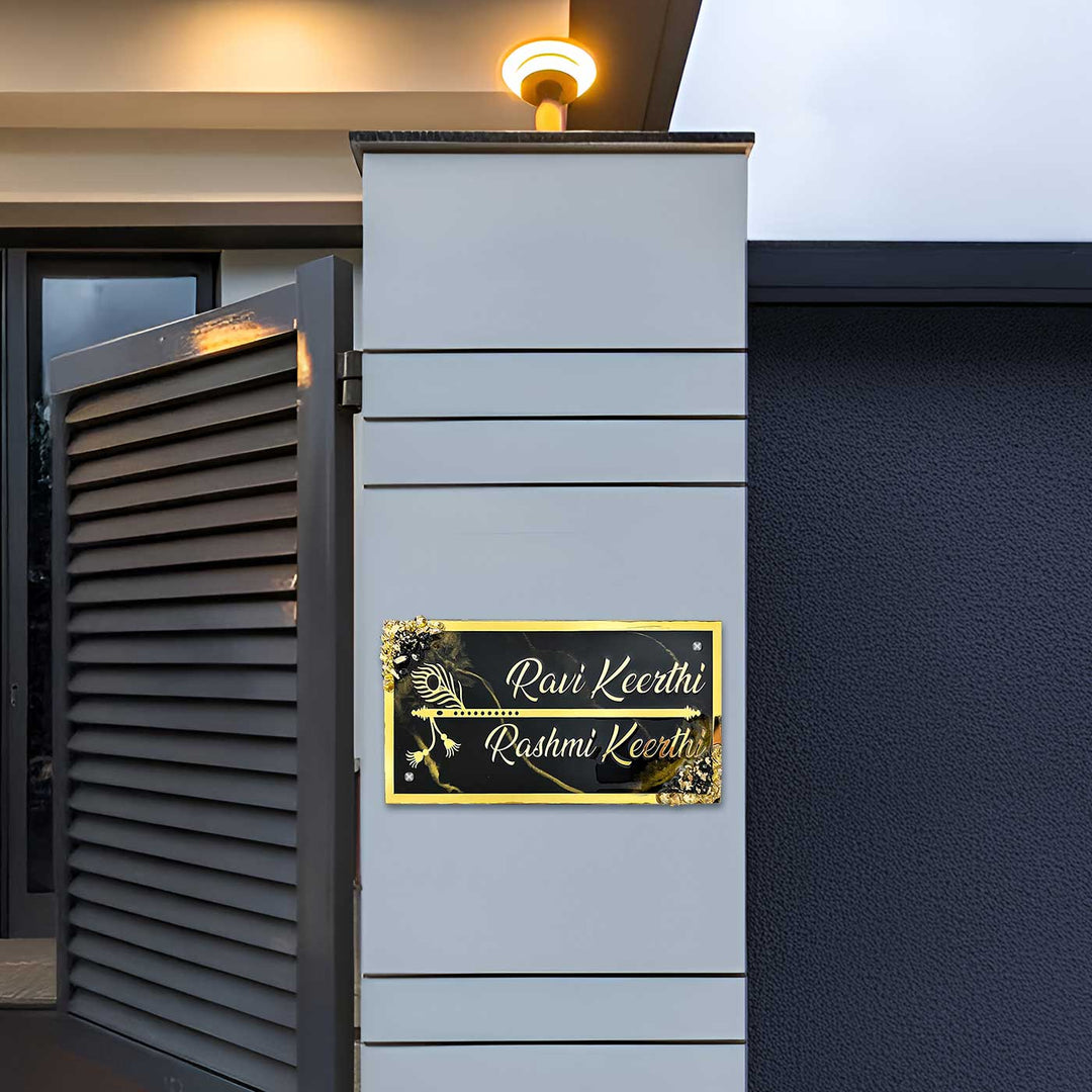 Personalized Resin Chocolate Brown And Gold Name Plate - Mounted on Outdoor Wall Panel