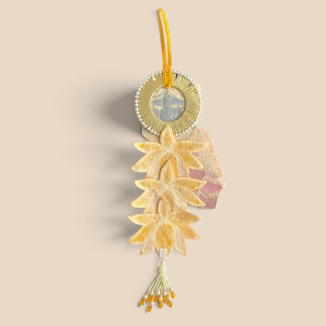 Handmade Cut Bead And Gota Thread Krishna Work Hanging With Peacock Feather, Lotus & Pearl Tassel