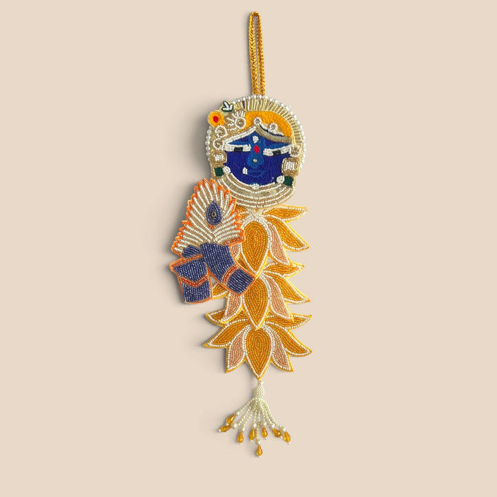 Handmade Cut Bead And Gota Thread Krishna Work Hanging With Peacock Feather, Lotus & Pearl Tassel