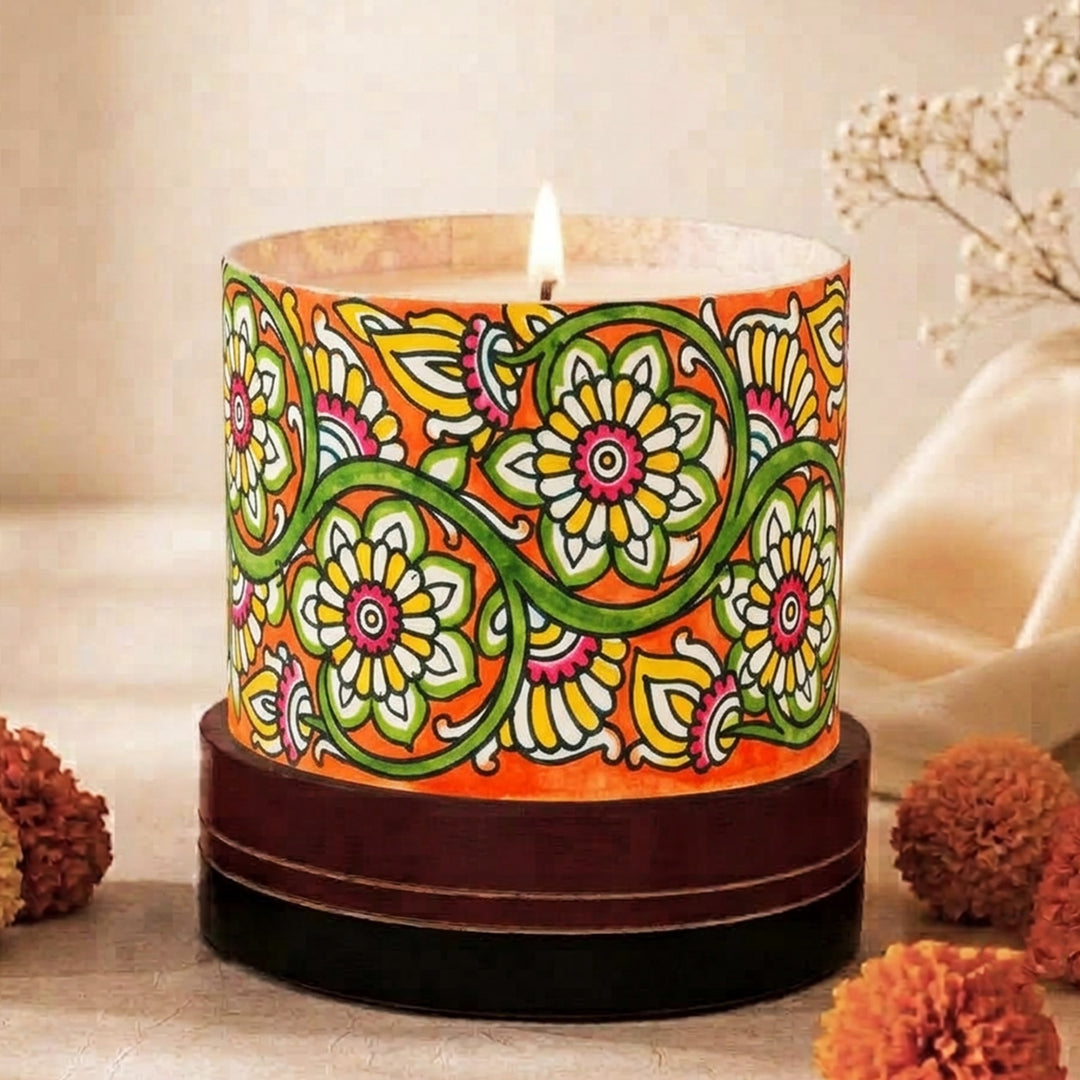 Hand-Painted Tholu Bloom Orange Parchment Leather Votive Tealight Holder With Channapatna Base