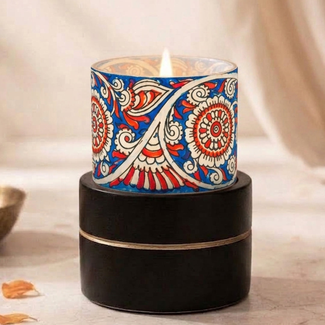 Hand-Painted Tholu Bloom Parchment Leather Votive Tealight Holder With Channapatna Base