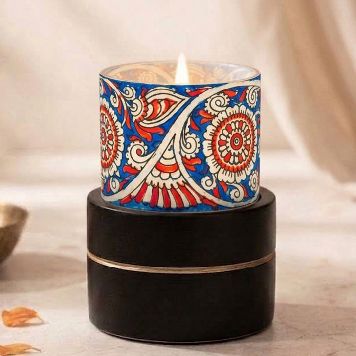 Hand-Painted Tholu Bloom Parchment Leather Votive Tealight Holder With Channapatna Base