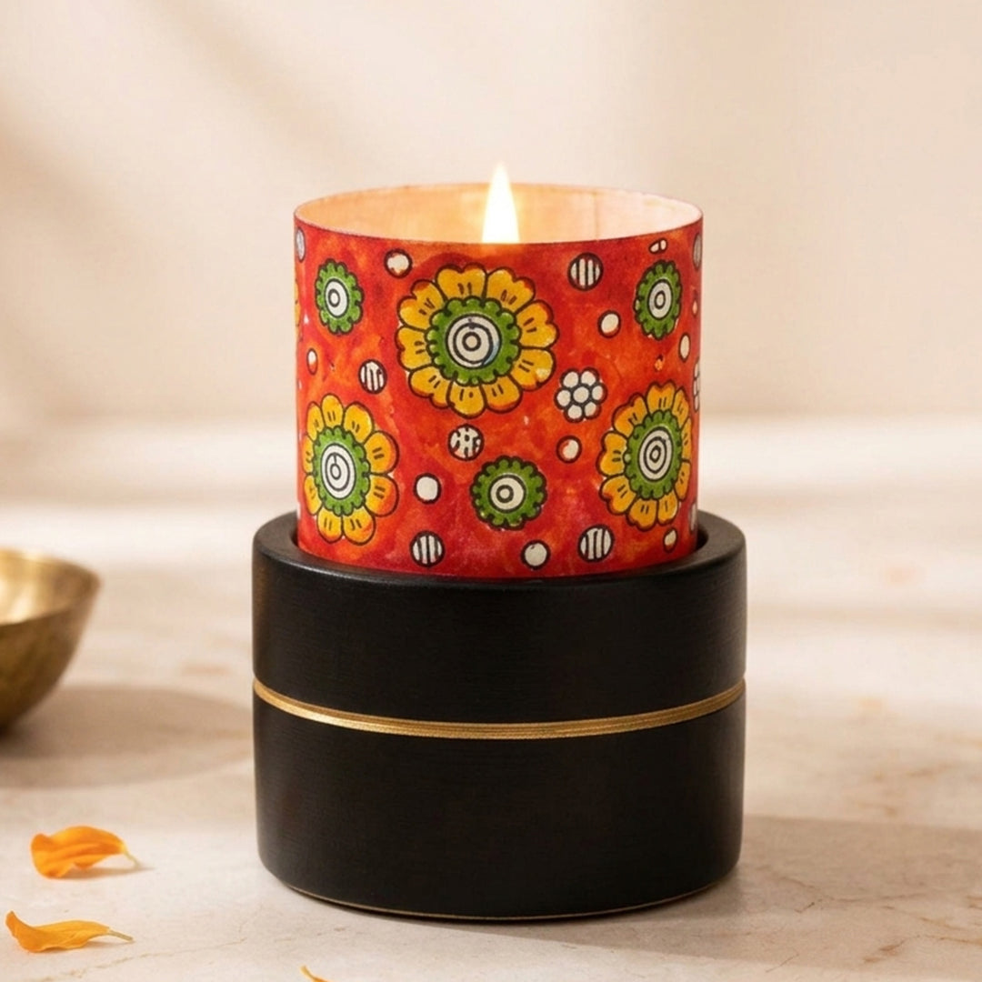 Hand-Painted Tholu Floral Parchment Leather Votive Tealight Holder With Channapatna Base