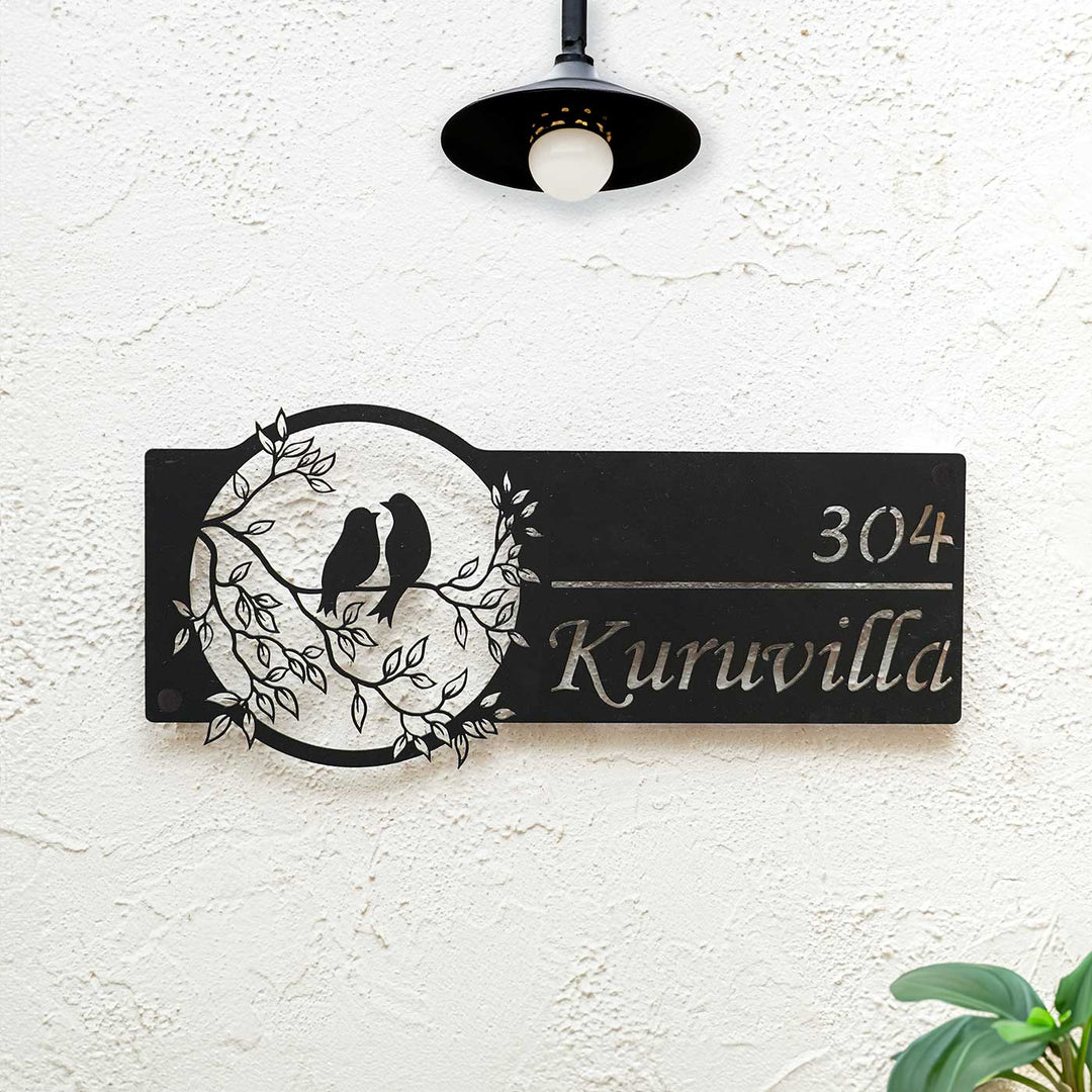 Personalized Bird Themed Weatherproof Name Plate With House Number - Mounted on Wall Below Light Fixture