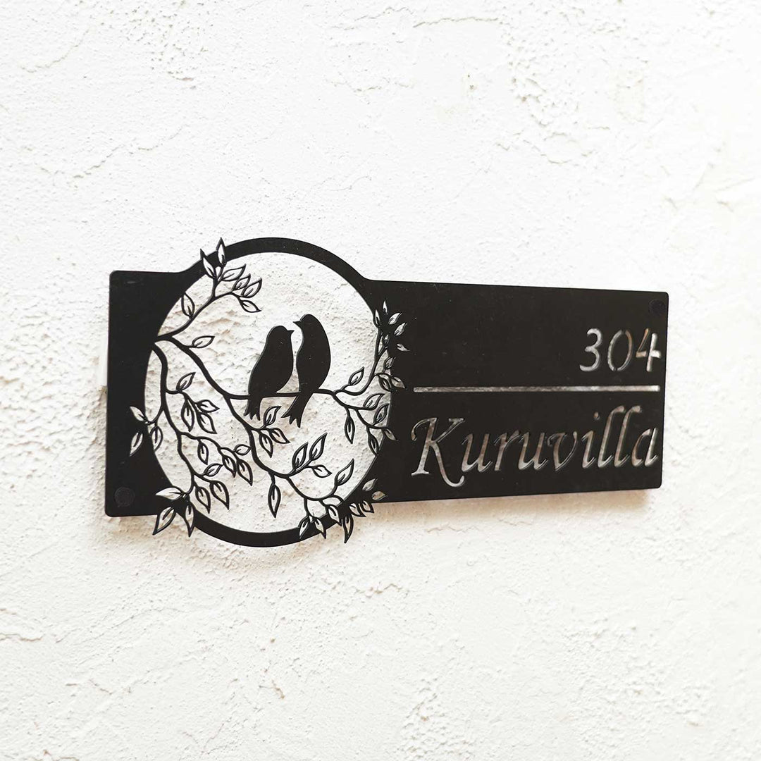 Personalized Bird Themed Weatherproof Name Plate With House Number - Side View Mounted on Wall