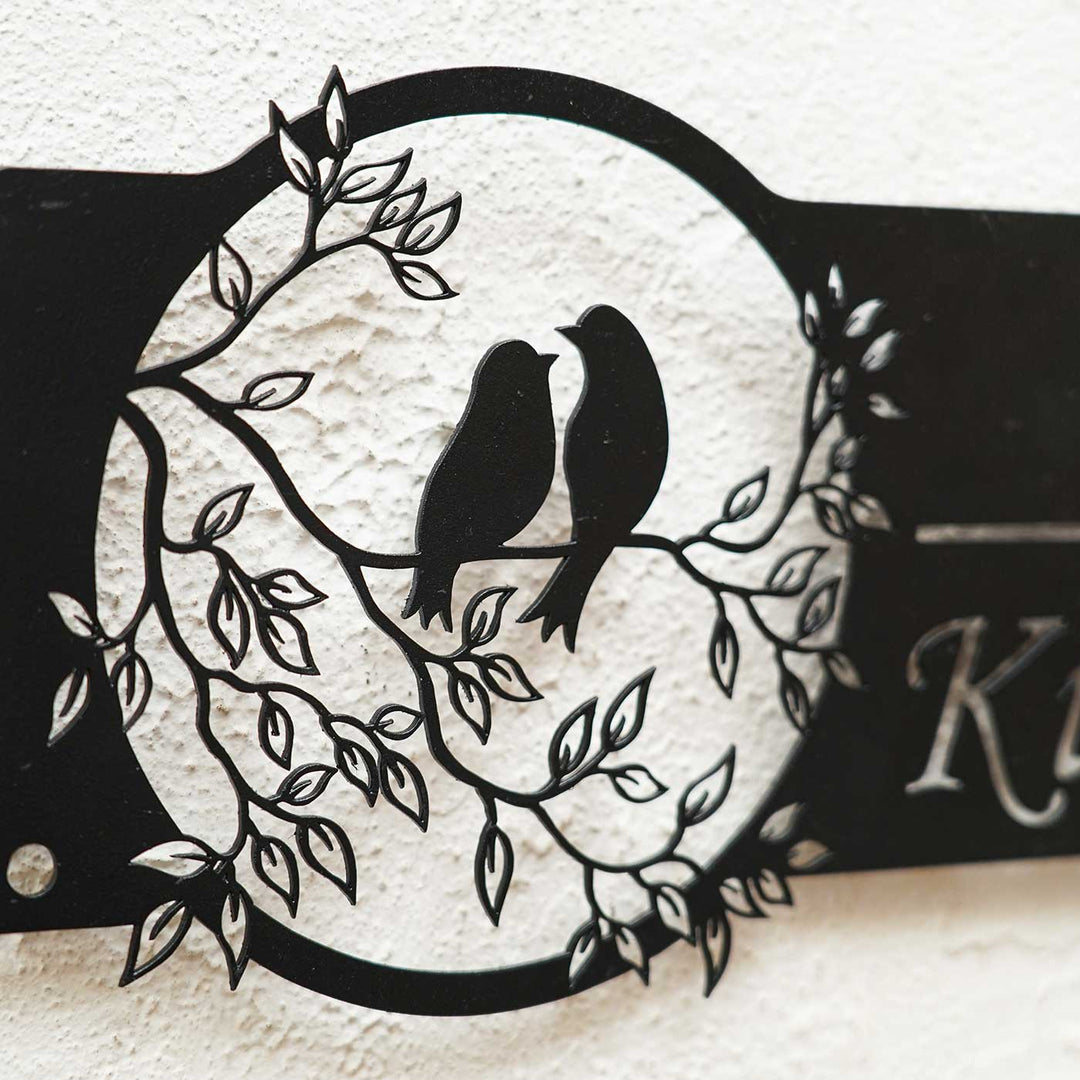 Personalized Bird Themed Weatherproof Name Plate With House Number - Close-up of Mounted Wall Design
