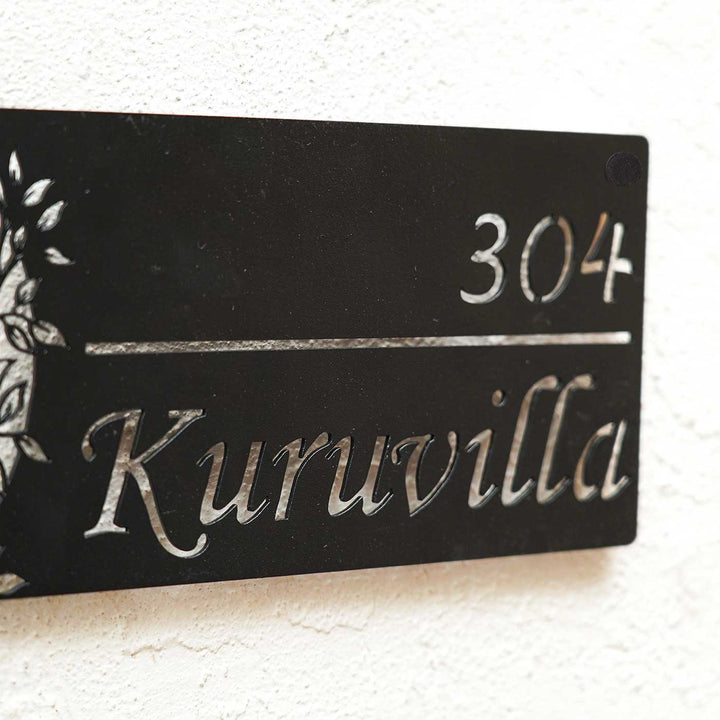Personalized Bird Themed Weatherproof Name Plate With House Number - Mounted on Wall Close-up Angle