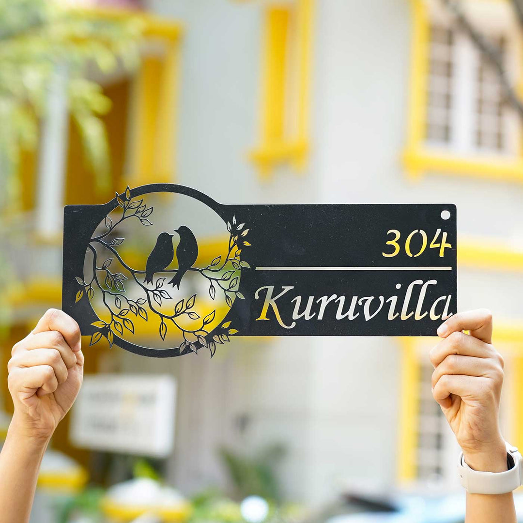 Personalized Bird Themed Weatherproof Name Plate With House Number - Held Front View Showing Design