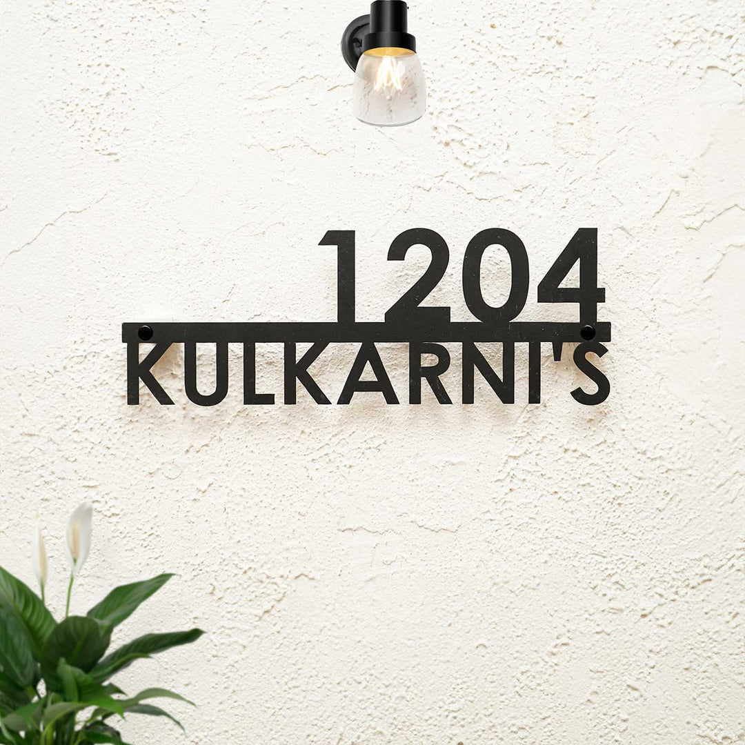 Personalized Modern Weatherproof Name Plate With House Number - Front View Mounted on Wall