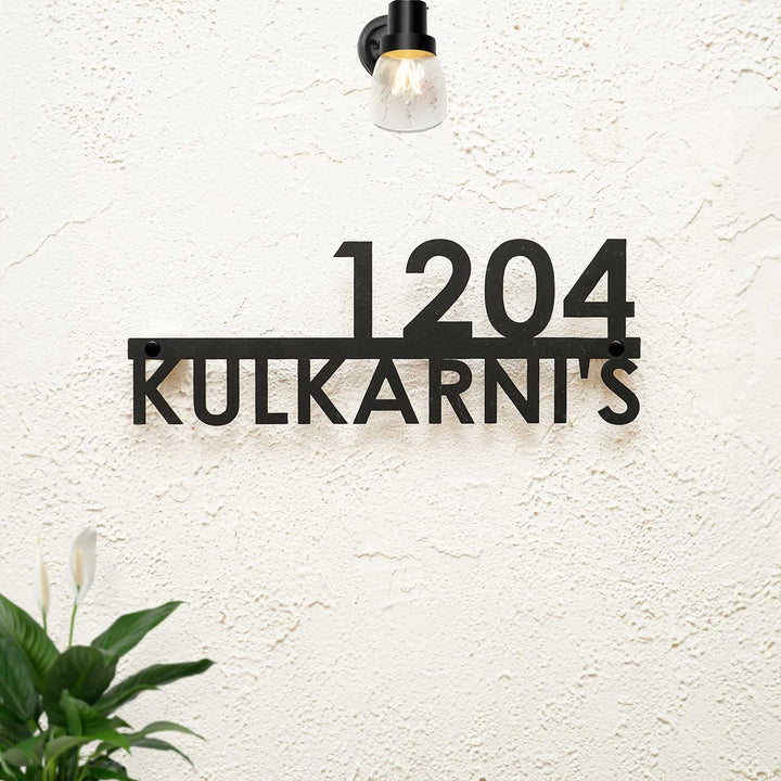 Personalized Modern Weatherproof Name Plate With House Number - Front View Mounted on Wall