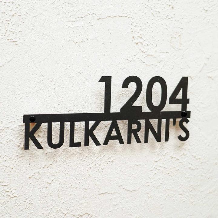 Personalized Modern Weatherproof Name Plate With House Number - Mounted on Wall Close-up