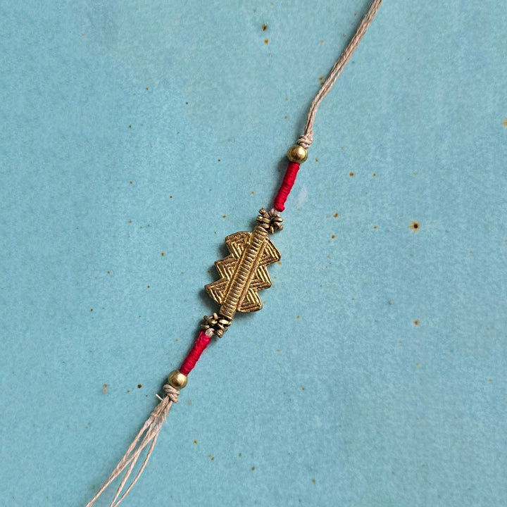 Handcrafted Patwa Work Brass Design Rakhi With Roli Chawal For Brother