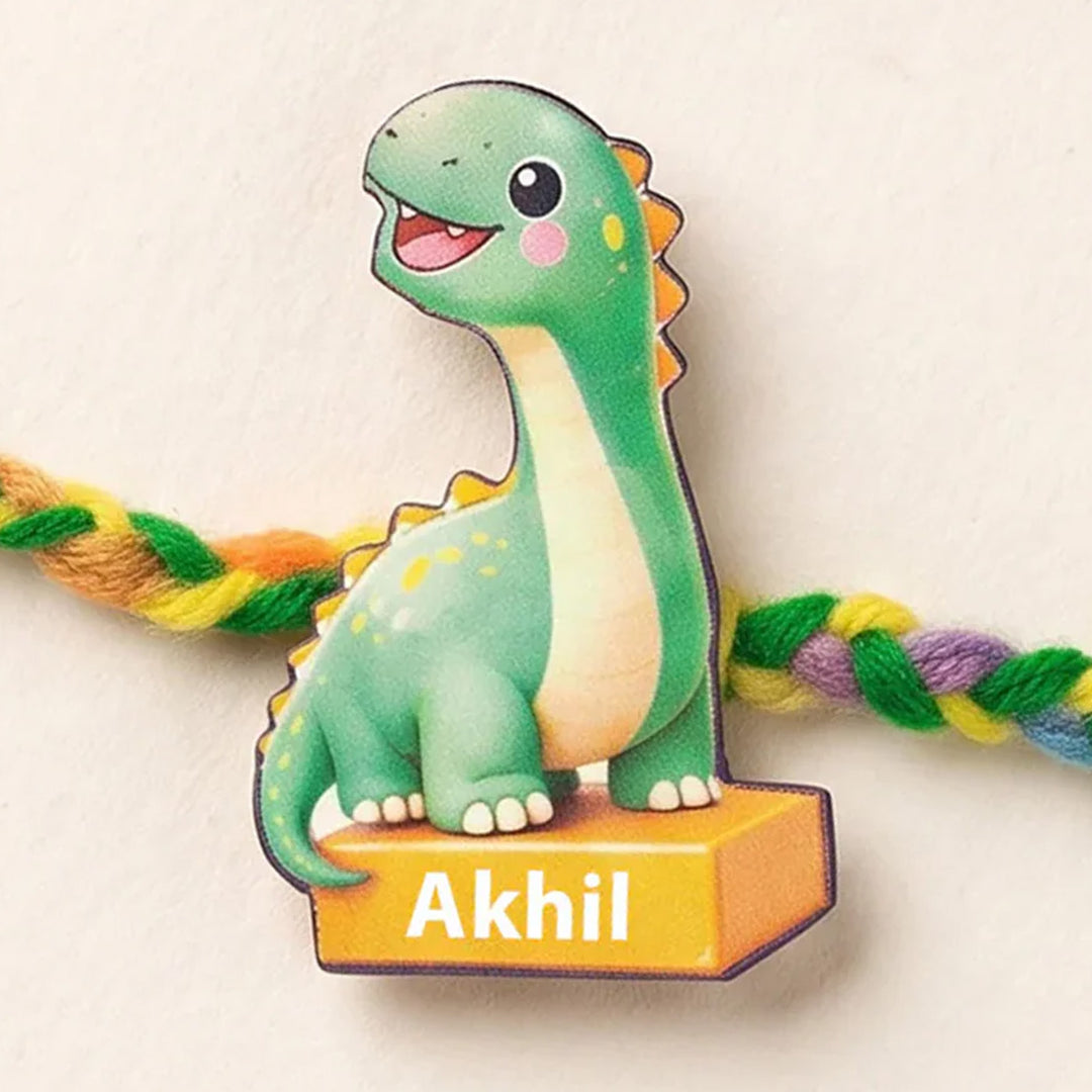 Personalized Reusable Green Dino MDF Wood Rakhi With Roli Chawal