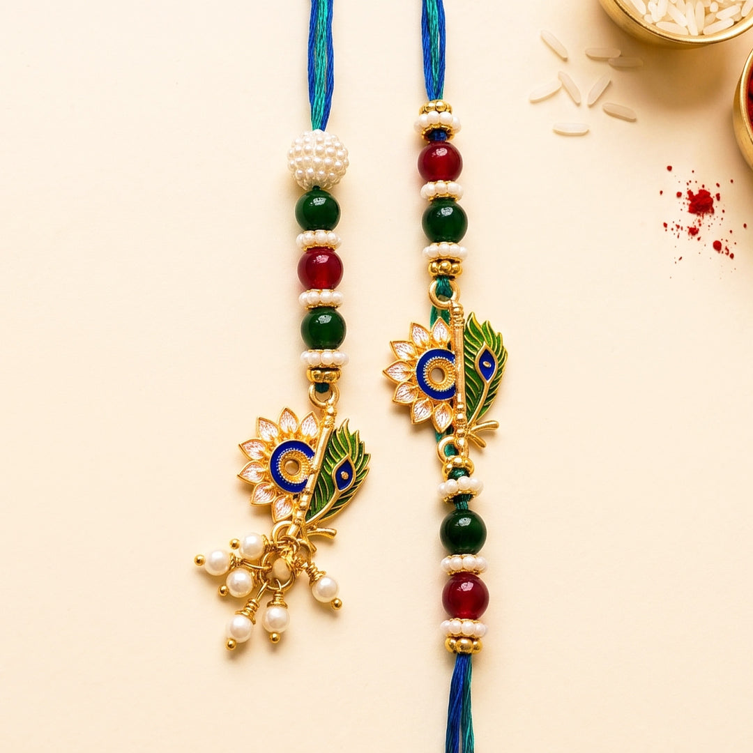 Handmade Bansuri Charm Rakhi With Lumba With Roli Chawal For Bhaiya Bhabhi | Set Of 2