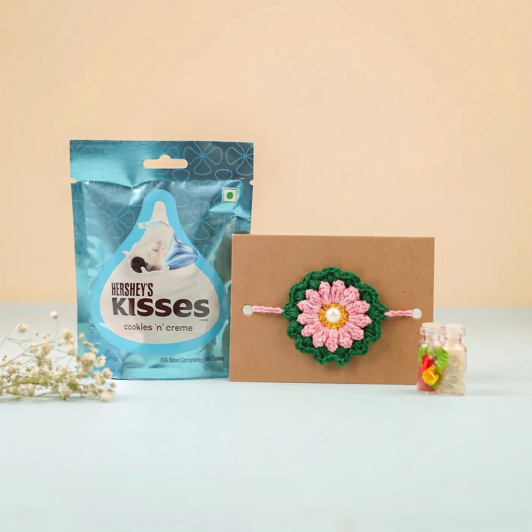 Handmade Crochet Blossom Pearl Floral Rakhi With Roli Chawal For Bhaiya