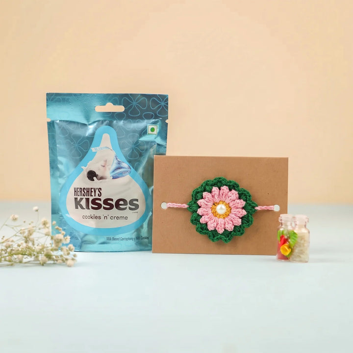 Handmade Crochet Blossom Pearl Floral Rakhi With Roli Chawal For Bhaiya