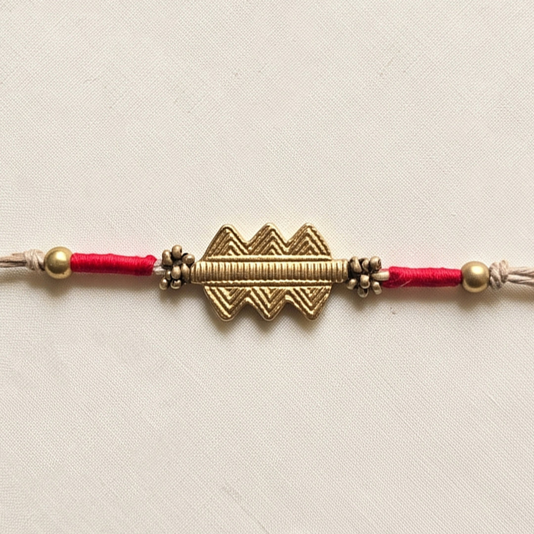 Handcrafted Patwa Work Brass Design Rakhi With Roli Chawal For Brother