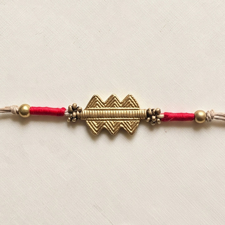 Handcrafted Patwa Work Brass Design Rakhi With Roli Chawal For Brother