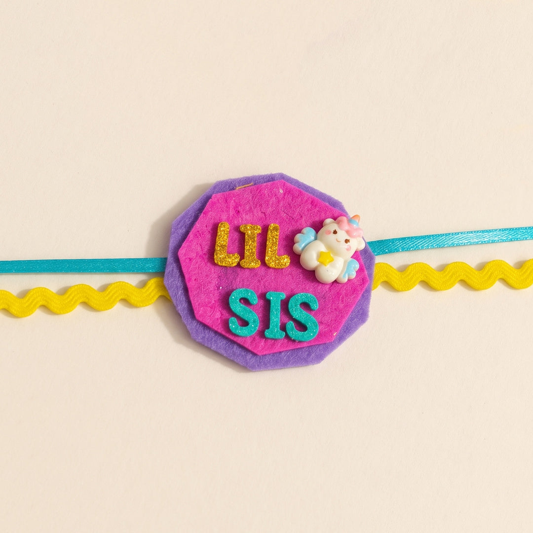 Handmade "Lil Sis" Unicorn Theme Felt Kids Rakhi With Roli Chawal For Sister
