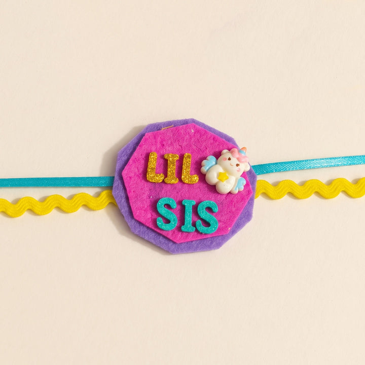 Handmade "Lil Sis" Unicorn Theme Felt Kids Rakhi With Roli Chawal For Sister