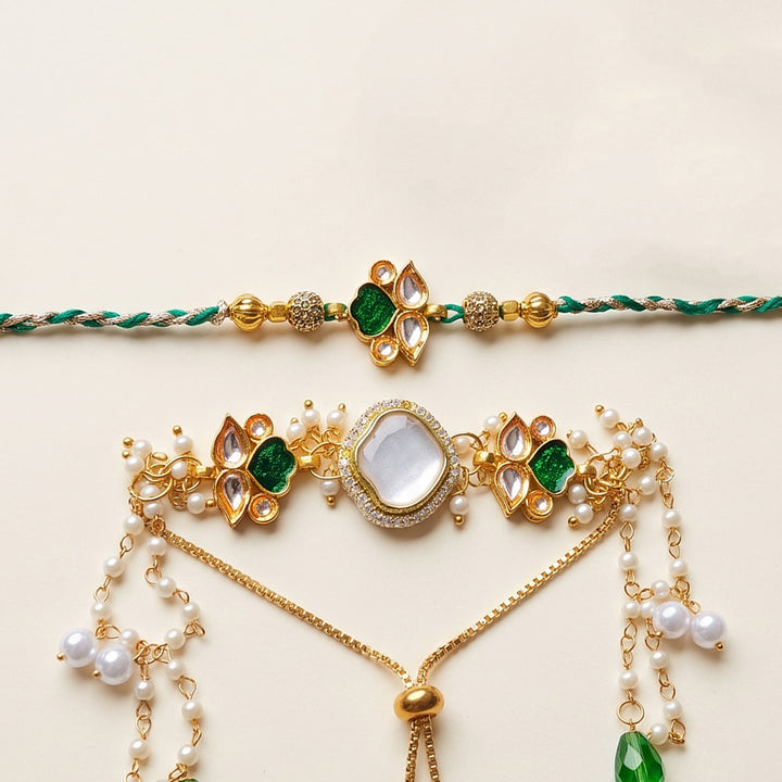 Reusable Handmade Kundan Rakhi & Lumba With Roli Chawal For Bhaiya Bhabhi | Set Of 2