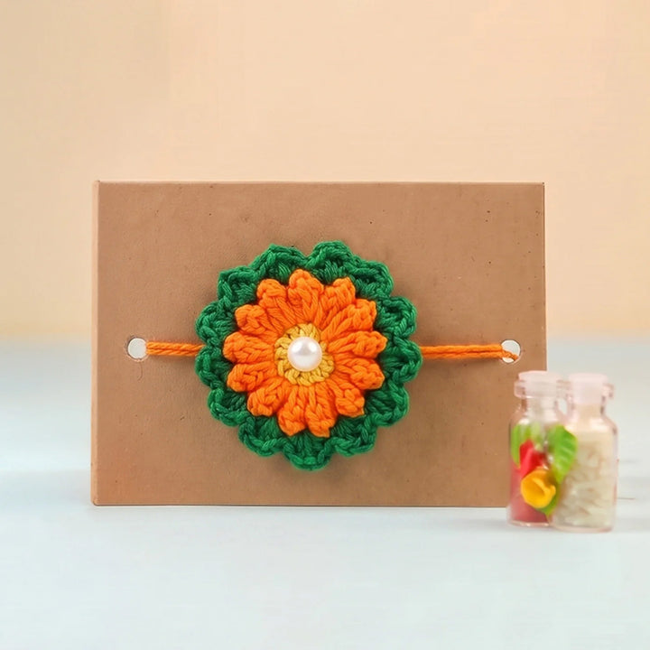Handmade Crochet Blossom Pearl Floral Rakhi With Roli Chawal For Bhaiya