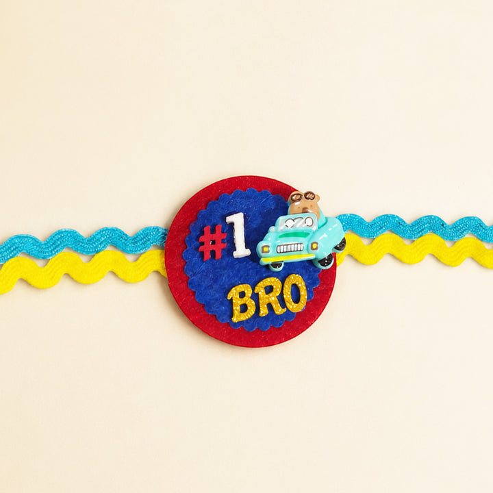 Handmade "No.1 Bro" Car Theme Felt Kids Rakhi With Roli Chawal For Brother