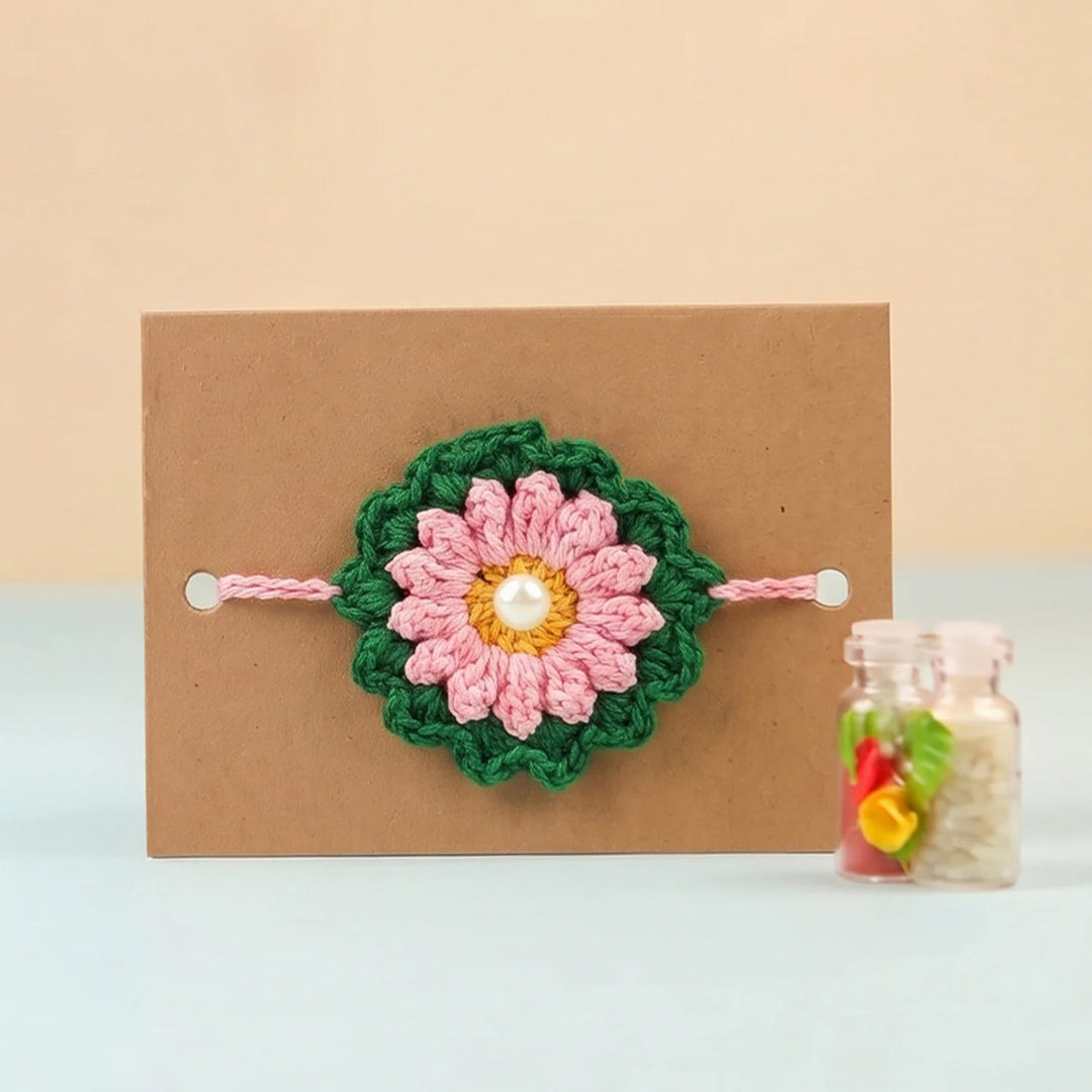 Handmade Crochet Blossom Pearl Floral Rakhi With Roli Chawal For Bhaiya