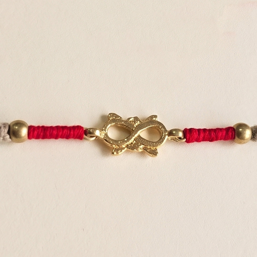 Handcrafted Infinity Brass Motif Rakhi With Roli Chawal For Brother