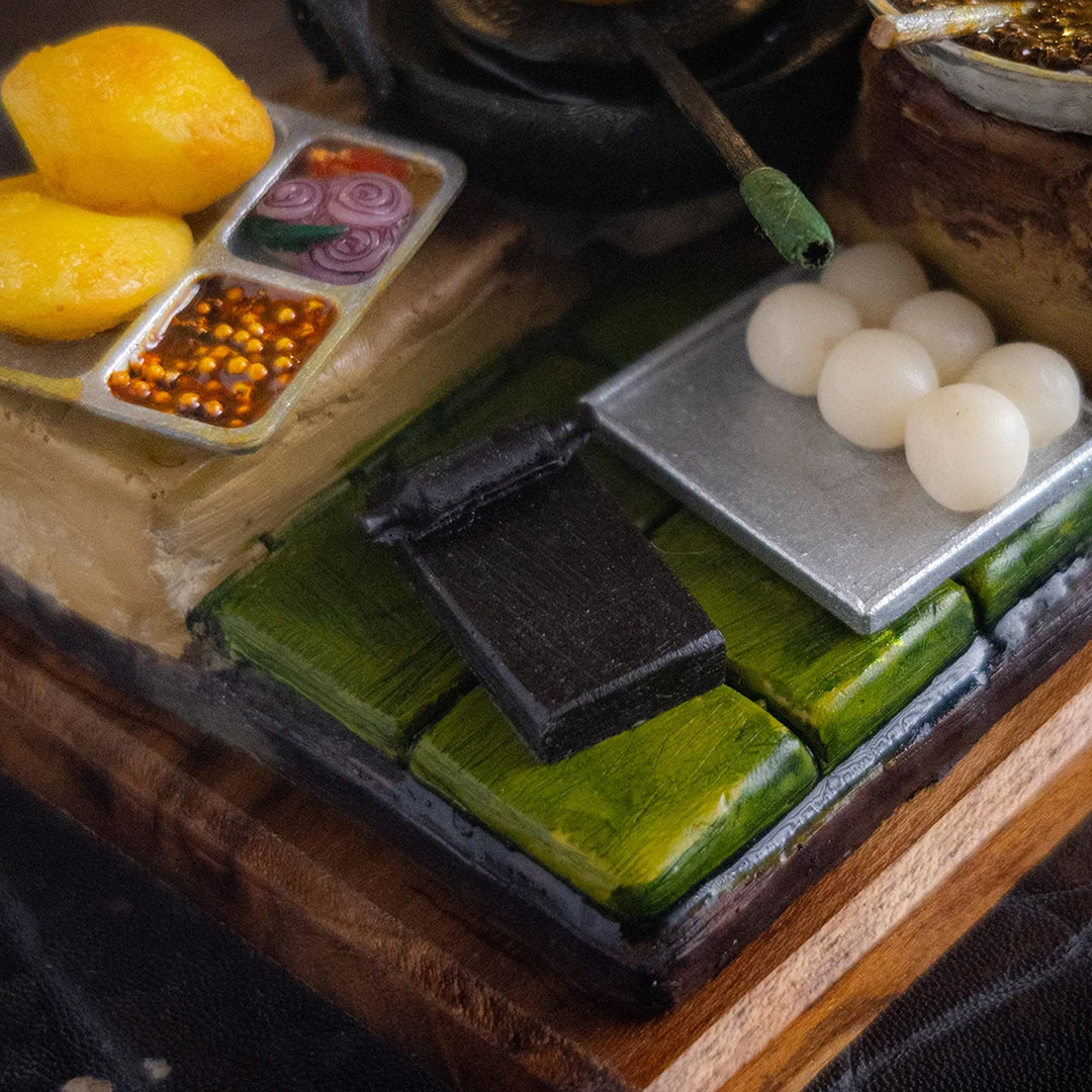 "Chole Bhature Ka Thela" Handcrafted Polymer Clay Miniature Artwork With Wooden Base For Golu & Table Decor
