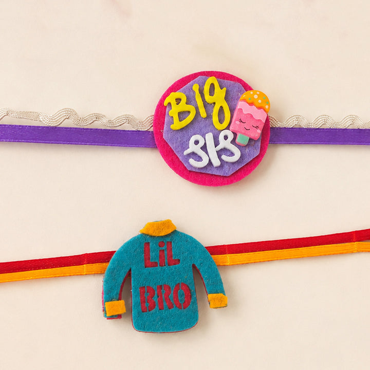 Handmade "Big Sis" Popsicle & "Lil Bro" Felt Kids Rakhi Combo With Roli Chawal For Brother & Sister | Set Of 2