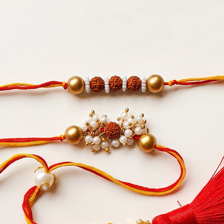 Handmade Rudraksha Pearl Rakhi With Lumba With Roli Chawal For Bhaiya Bhabhi | Set Of 2