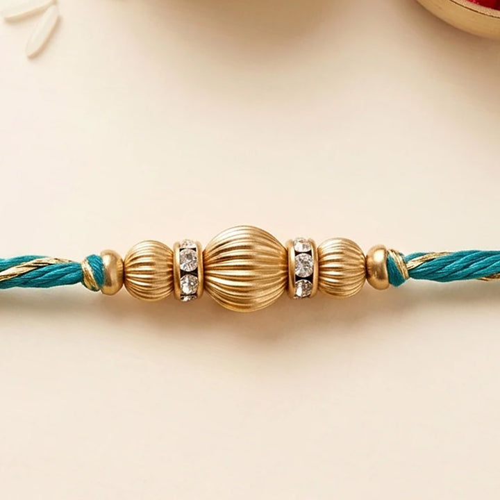 Handmade Dabka Beaded and Thread Golden Rakhi With Roli Chawal For Bhaiya