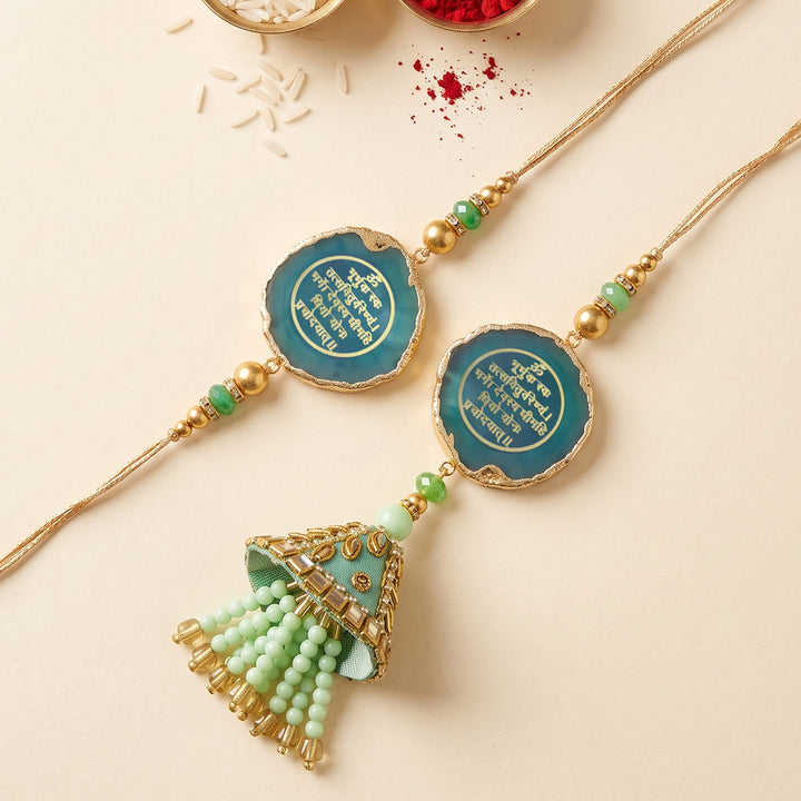 Handmade "Gayatri Mantra" Green Premium Agate Bhaiya Bhabhi Couple Rakhi & Lumba Set With Roli Chawal, Nariyal And Gift Box | Set of 2